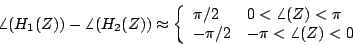 \begin{displaymath}
\angle({H_1}(Z)) - \angle({H_2}(Z)) \approx
\left \{
\be...
...pi} \\
-\pi/2 & {-\pi < \angle(Z) < 0}
\end{array} \right .
\end{displaymath}