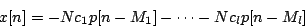 \begin{displaymath}
x[n] = {-N c_1} p[n - {M_1}] - \cdots - {N c_l} p[n - {M_l}]
\end{displaymath}