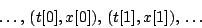 \begin{displaymath}
\ldots , \, (t[0], x[0]), \, (t[1], x[1]), \, \ldots
\end{displaymath}